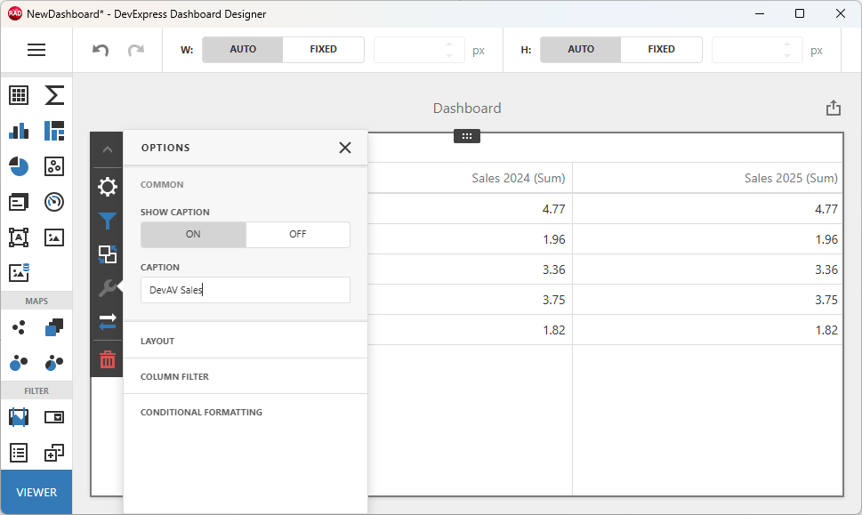 VCL Dashboard: Dashboard Designer — Rename the Predefined Grid Caption