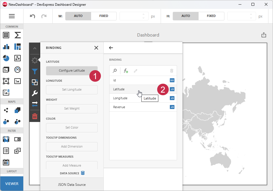 VCL Dashboards: Bind the Bubble Map to the "Latitude" Field