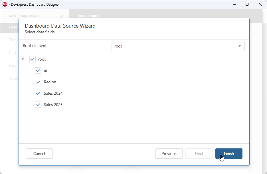 VCL Dashboards: Dashboard Designer — Select Data Fields and Apply Changes