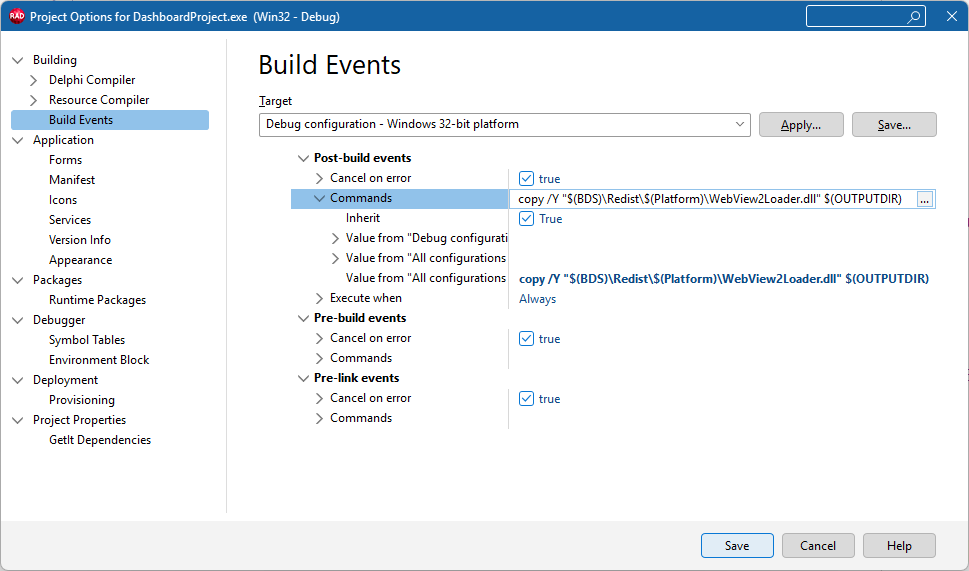 VCL Dashboards: Project Settings for the Generated Project