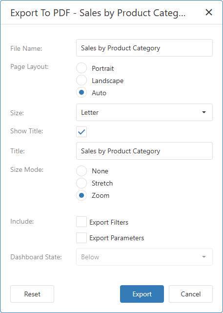VCL Dashboards: PDF Export Settings