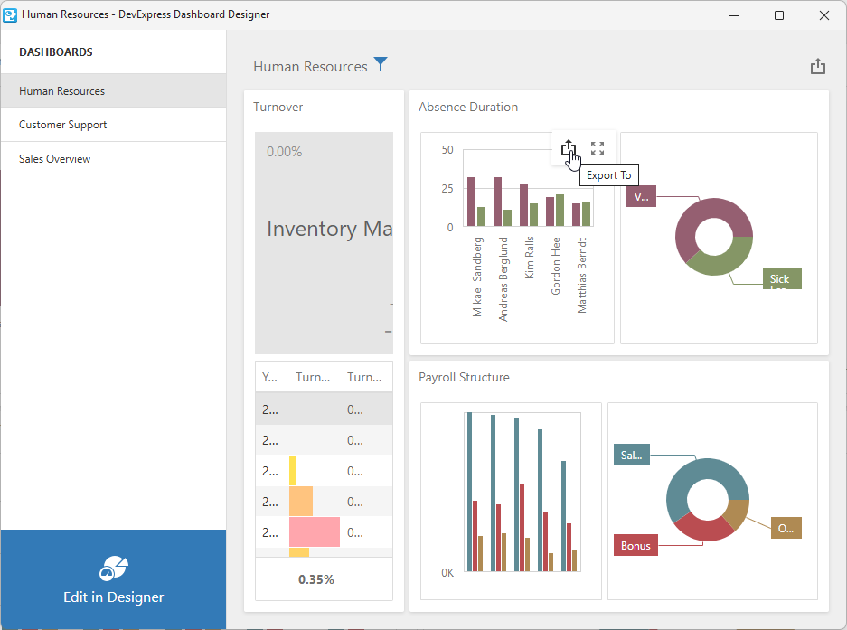 VCL Dashboards: "Export To" Buttons in the Dashboard Viewer Dialog