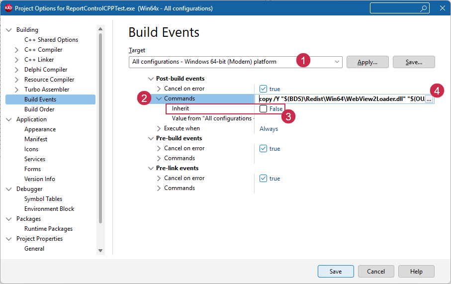 VCL Shared Libraries: Project Options — Paste Windows 64-bit Modern-Specific Command Line