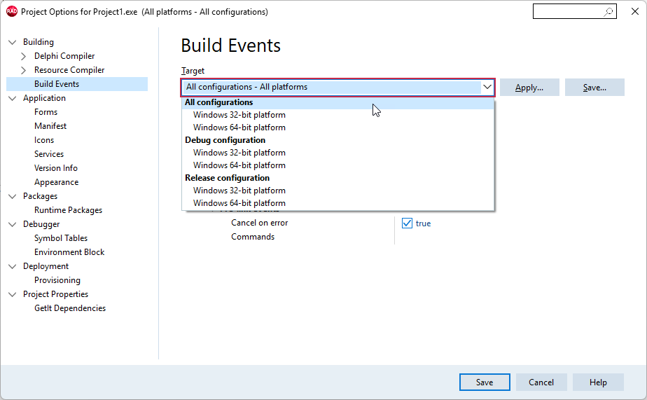 VCL Shared Libraries: Project Options — Select the Target Platform