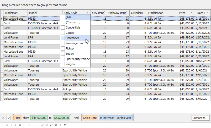 Filter Pop-Up Window Example