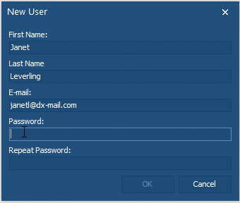 A modal input dialog box with user input validation and password characters