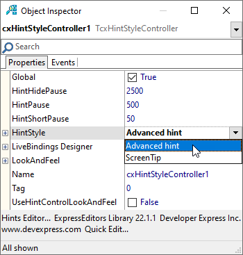 Hint Styles in the Object Inspector