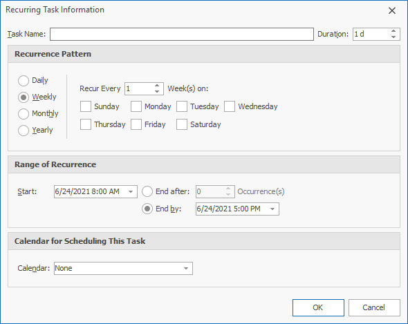 Recurring Task Information Dialog