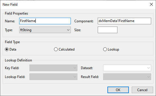 VCL Memory Data: The New Field Dialog