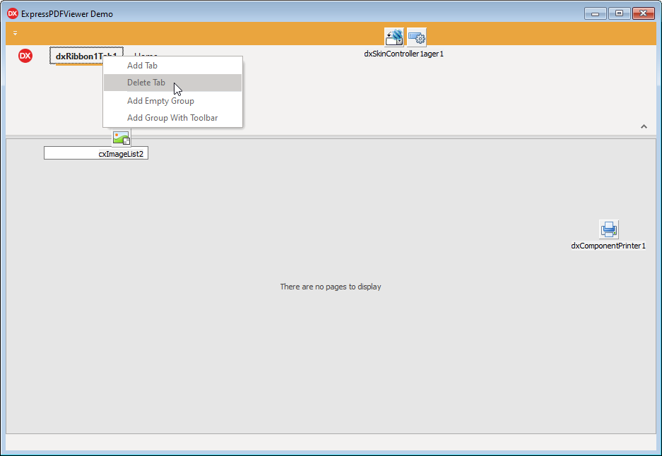 Delete the dxRibbon1Tab1 Tab