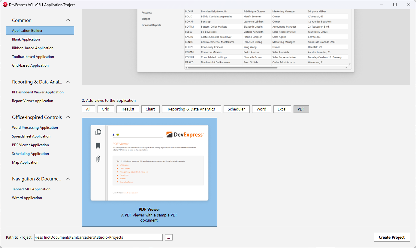 VCL PDF Viewer: The "PDF" Category in the "Application Builder" Template