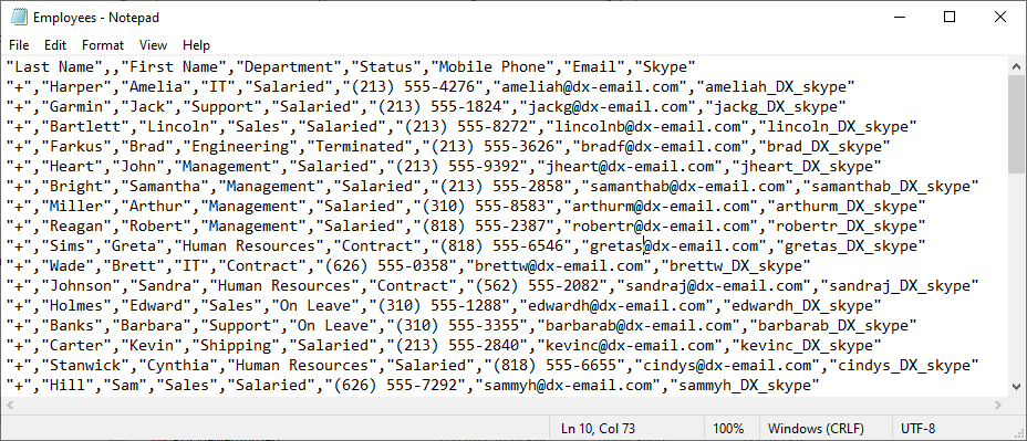 Exported Data in CSV Format