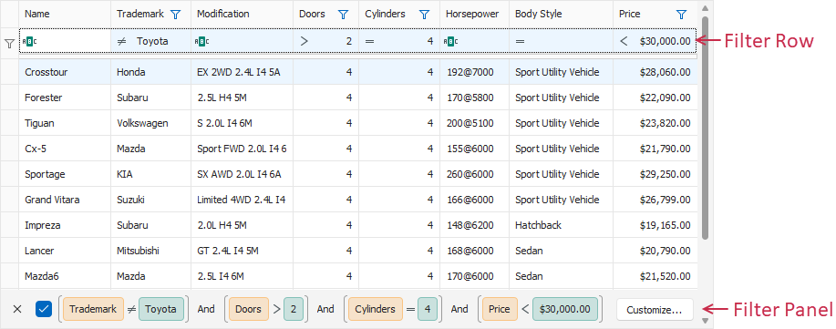 VCL Data Grid: Filter Row and Panel