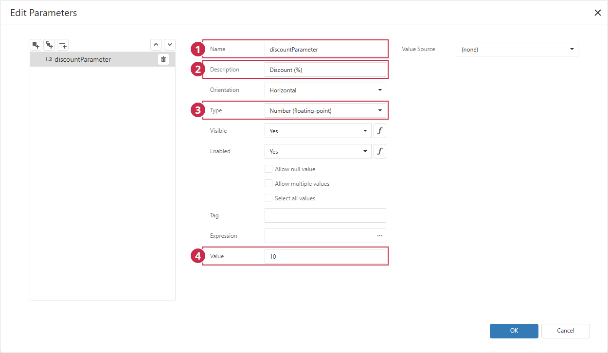 Discount Report Parameter Options