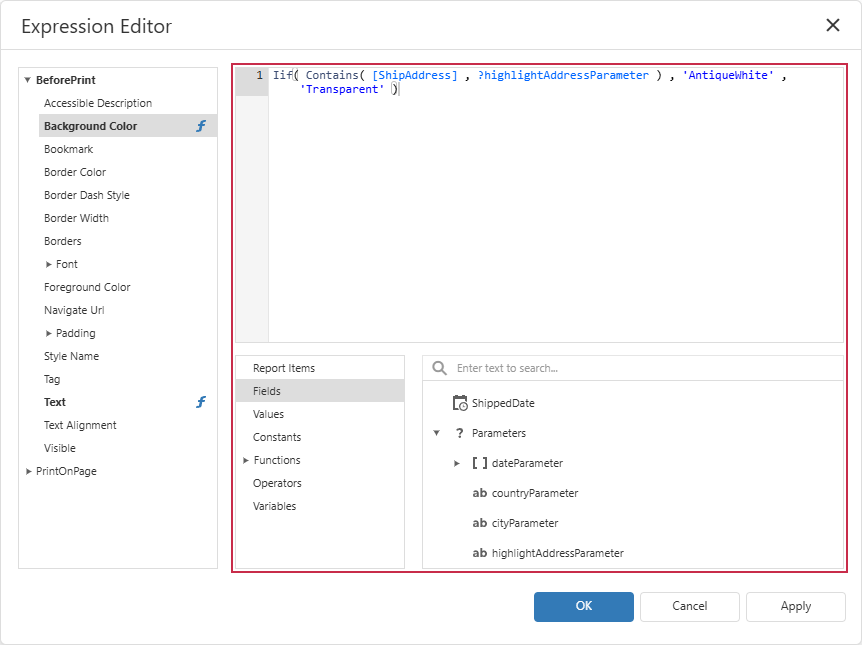 Report Element Expression Editor