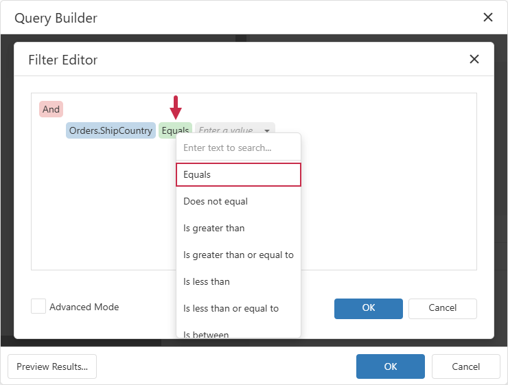 Query Builder - Filter Operator