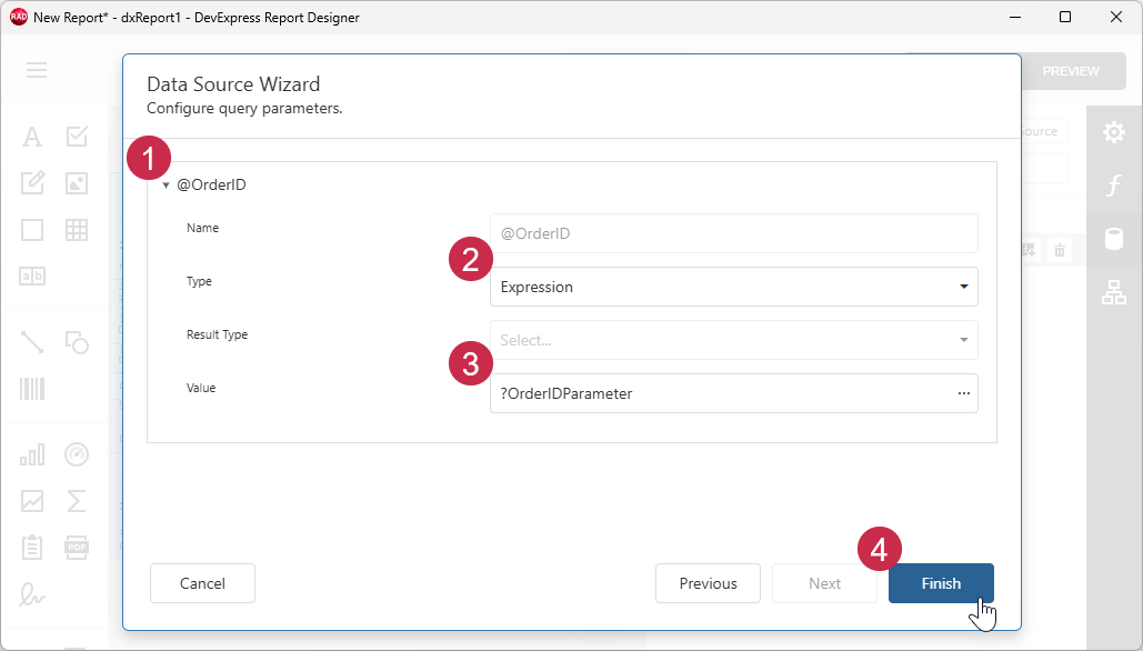VCL Reports: The Data Source Wizard — Configure Query Parameters