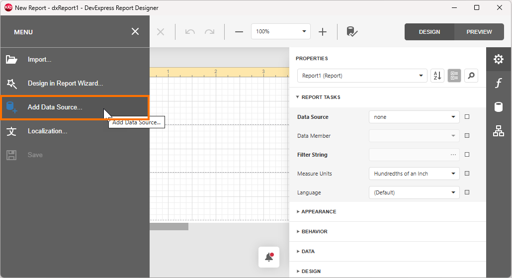 VCL Reports: The Report Designer Menu — Add Data Source