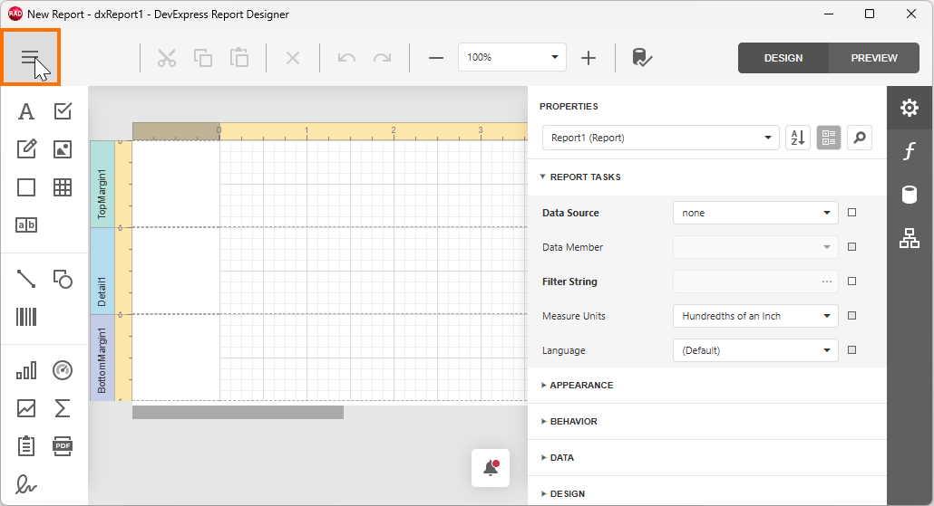 VCL Reports: The Report Designer Hamburger Button