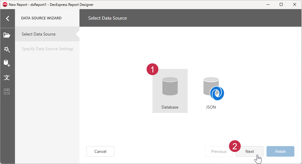 VCL Reports: The Data Source Wizard — Select Data Source, Database