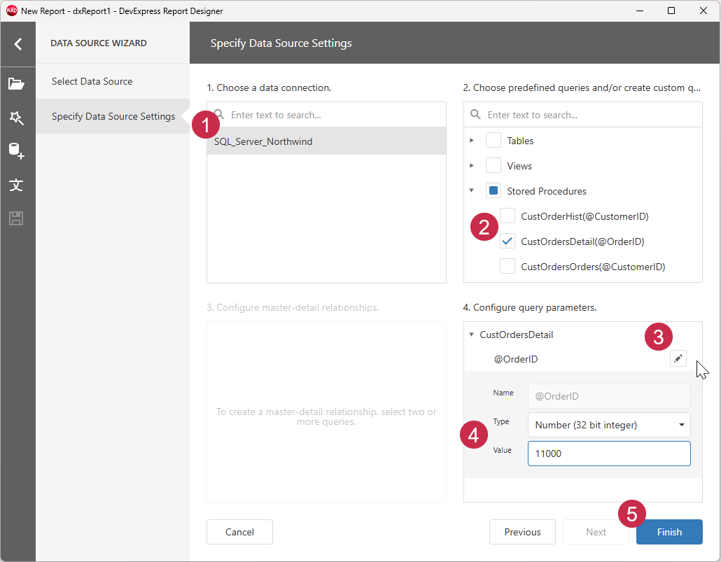 VCL Reports: The Data Source Wizard — Data Source Settings for a Parameterized Stored Procedure