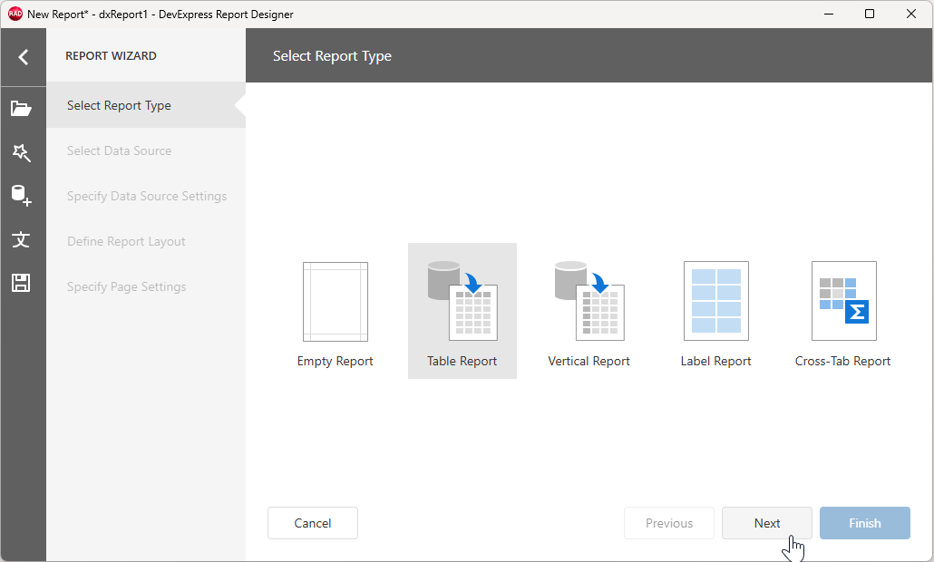 VCL Reports: The Report Wizard, Select 'Table Report' Type