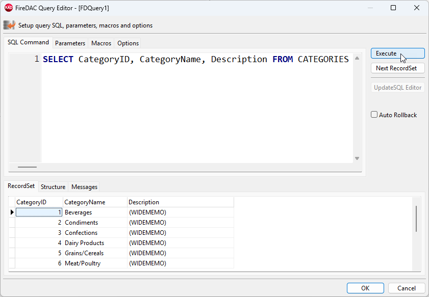 VCL Reports: The FireDAC Query Editor — Categories (Master Table)