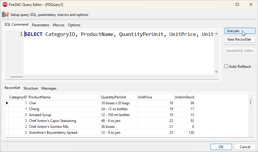 VCL Reports: The FireDAC Query Editor — Products (Detail Table)