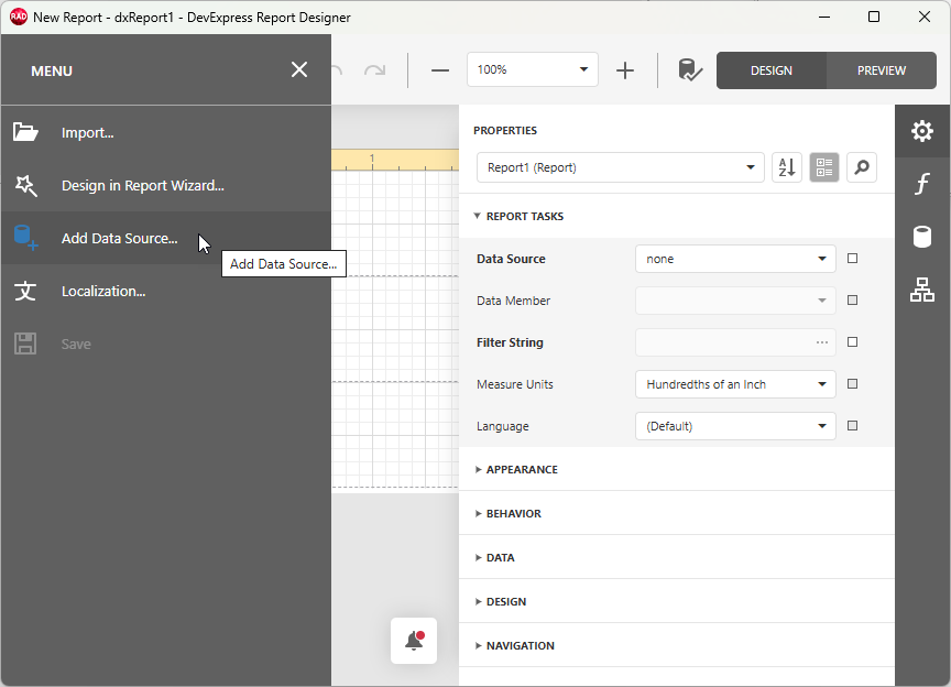 VCL Reports: Select the "Add Data Source…" Menu Item