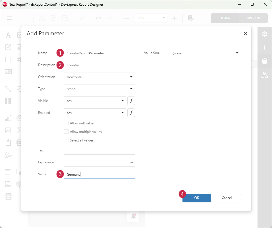 VCL Reports: Report Designer — The "Add Parameter" Dialog