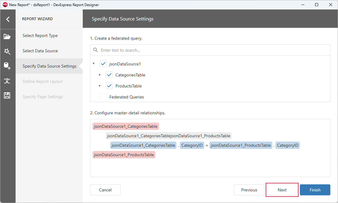 VCL Reports: Report Designer — Click "Next" to Proceed to Report Layout Configuration