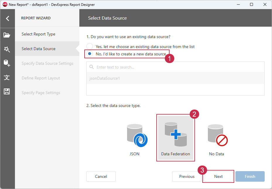 VCL Reports: Report Designer — Select the "Data Federation" Option