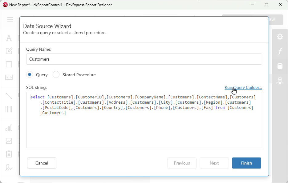 VCL Reports: Report Designer — Run the Query Builder