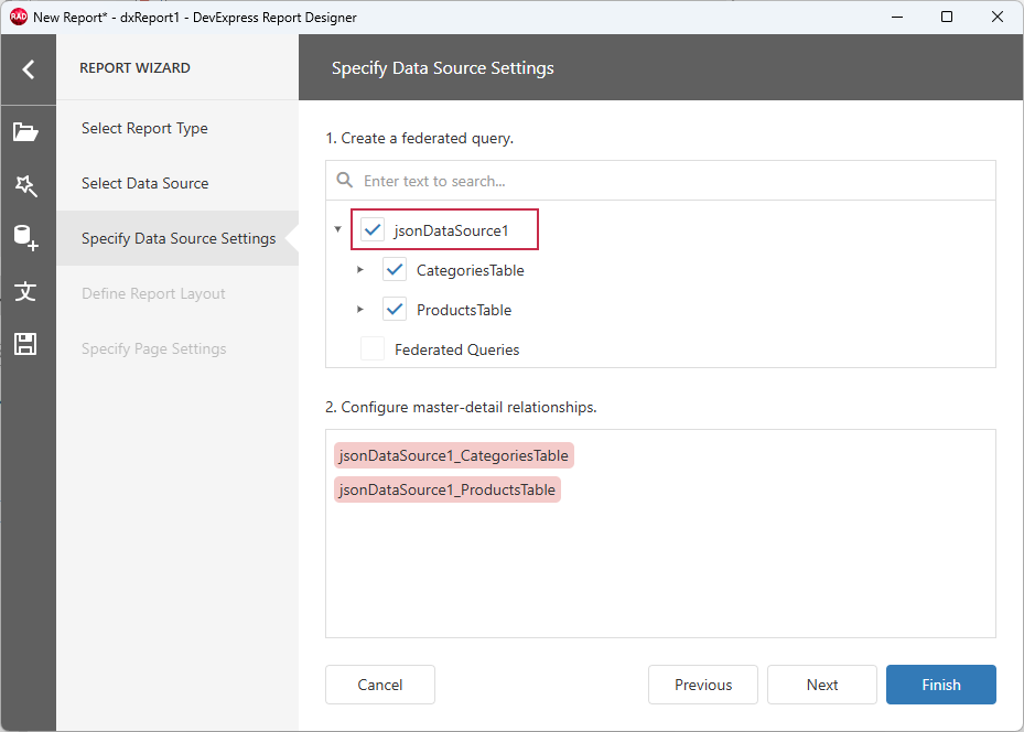 VCL Reports: Report Designer — Select "Categories" and "Products" Sources for Data Federation