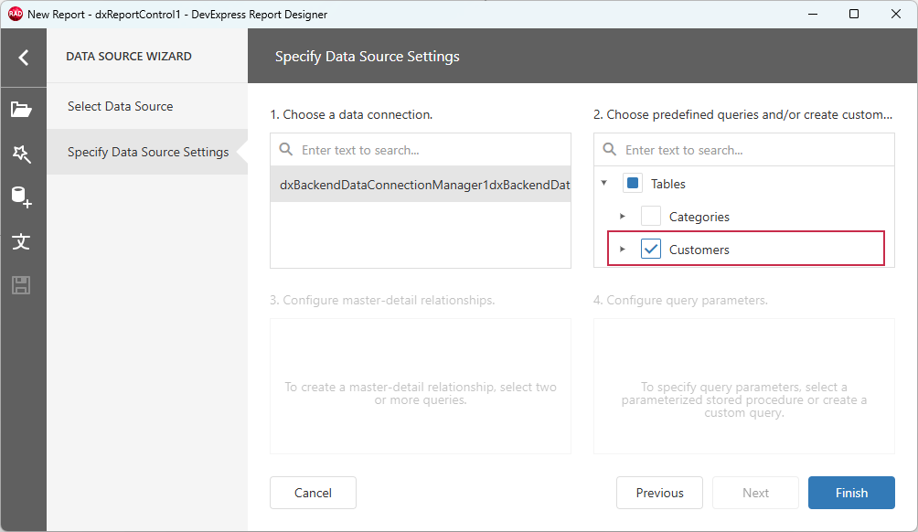 VCL Reports: Data Source Wizard — Select the "Customers" Table