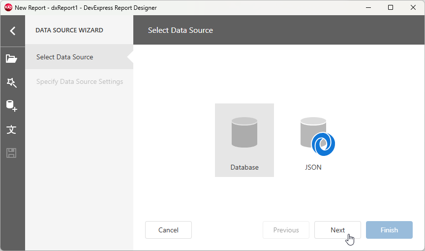 VCL Reports: Data Source Wizard — Select a Data Source Type