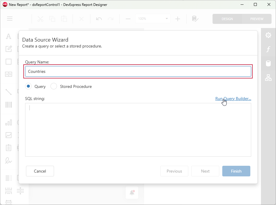 VCL Reports: Data Source Wizard — Specify a New Query Name and Run the Query Builder
