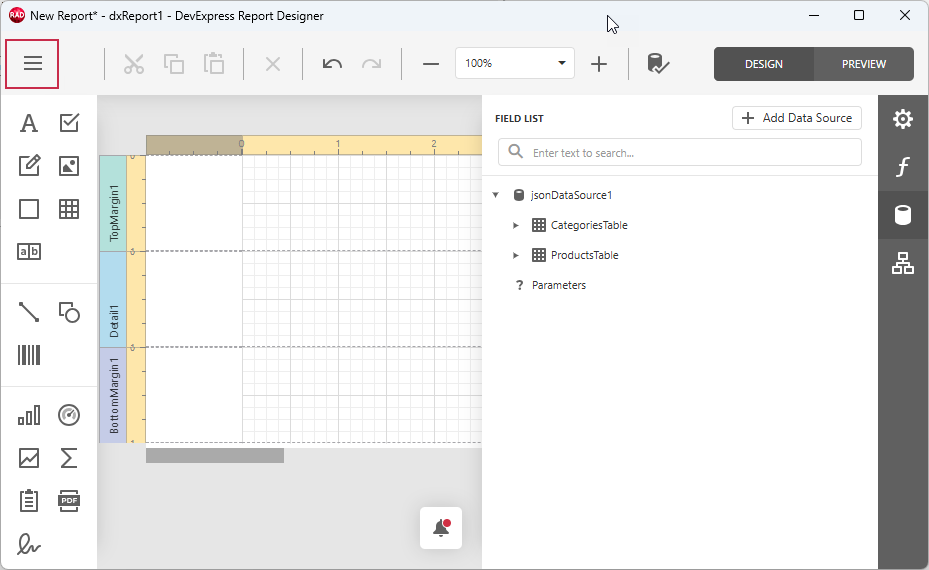 VCL Reports: Report Designer — Display the Main Menu
