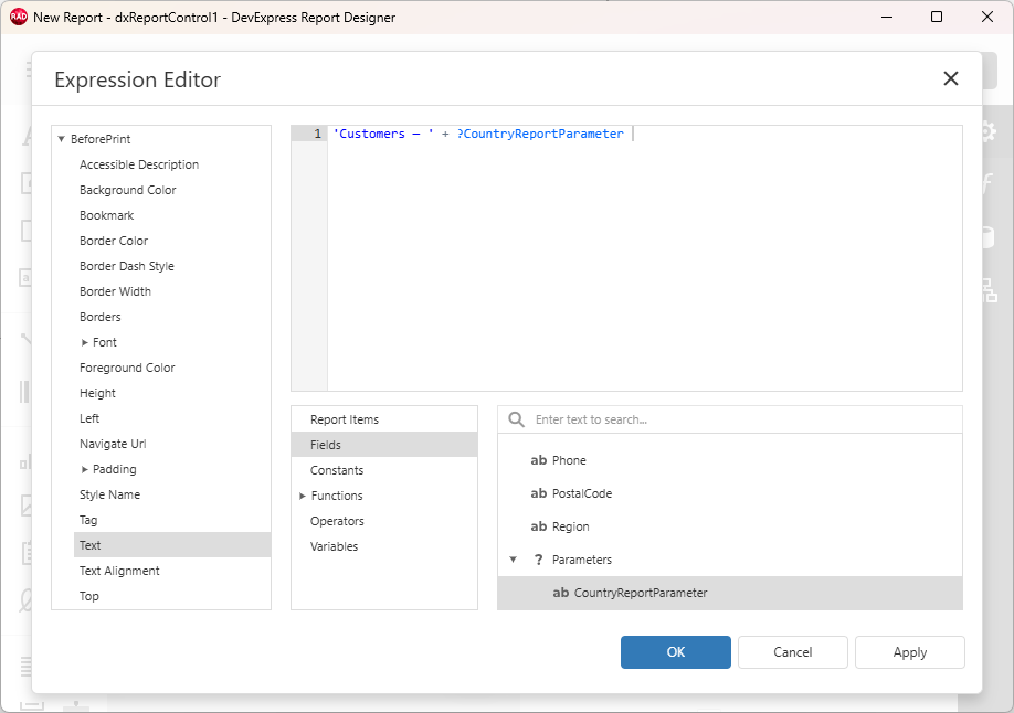 VCL Reports: Expression Editor — Specify a Parameter-Based Expression for the Report Header