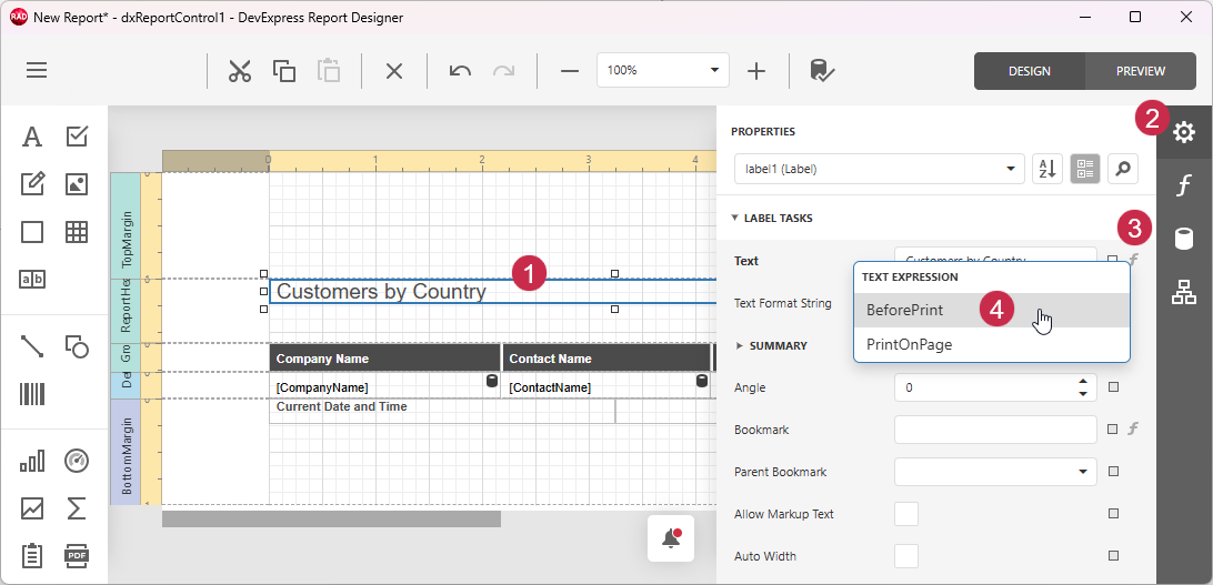 VCL Reports: Report Designer — Display the "Expression Editor" dialog for the Report Header