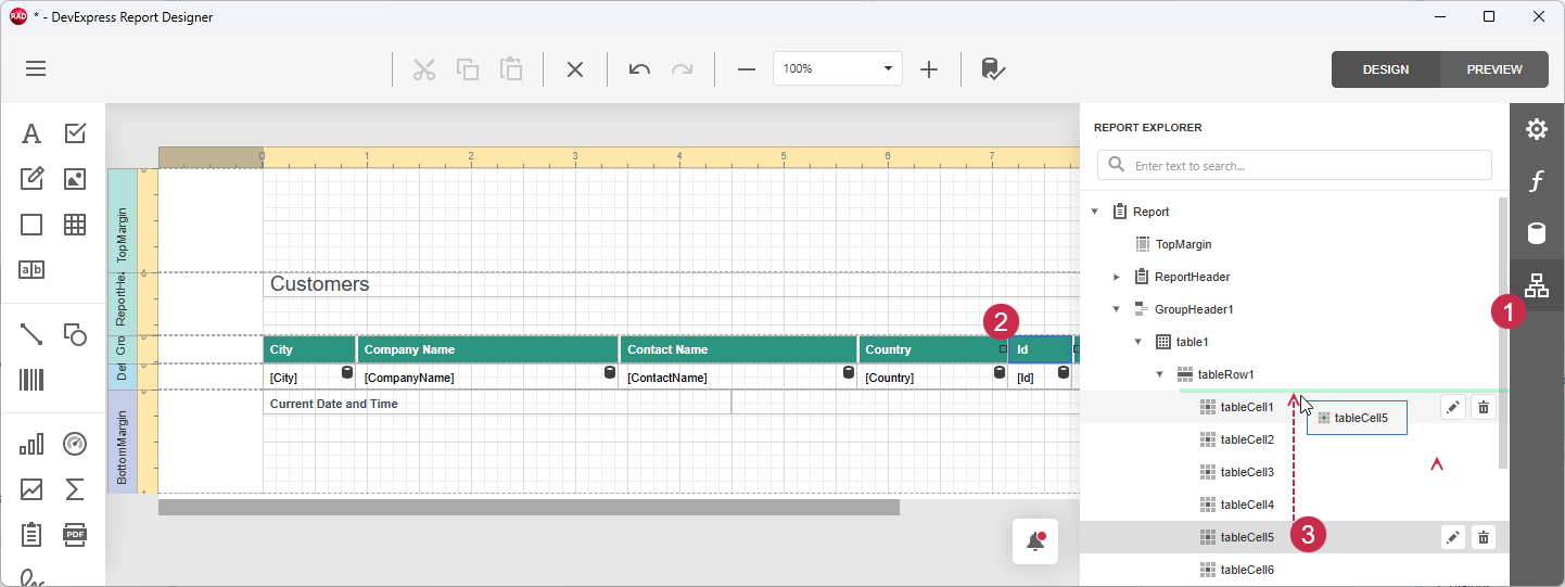 VCL Reports: Report Designer — Move the Selected Header Cell
