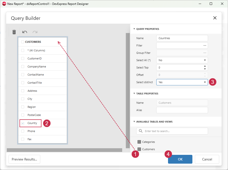 VCL Reports: Query Builder — Configure the "Countries" Query