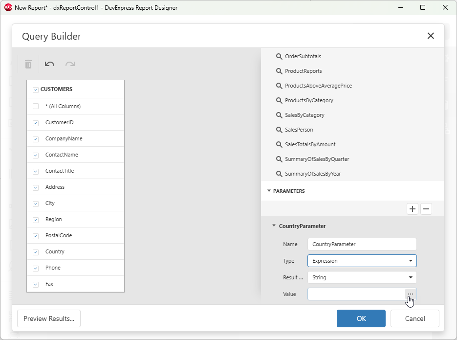 VCL Reports: Query Builder — Configure the Created SQL Query Parameter