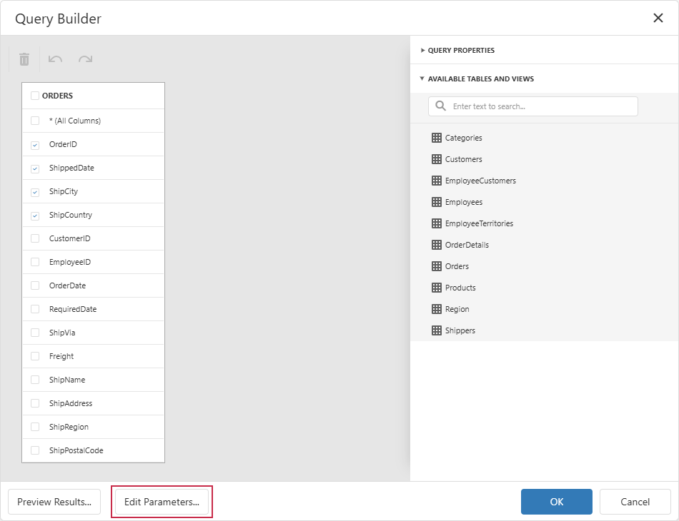 Edit Query Builder Parameters