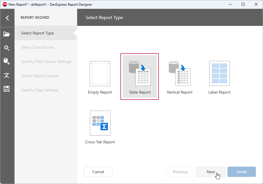 VCL Reports: Report Designer — Select the "Table Report" Option
