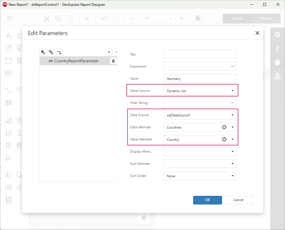 VCL Reports: Report Designer — Specify Report Parameter Lookup Settings