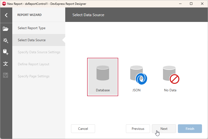 VCL Reports: Report Wizard — Select the "Database" Option