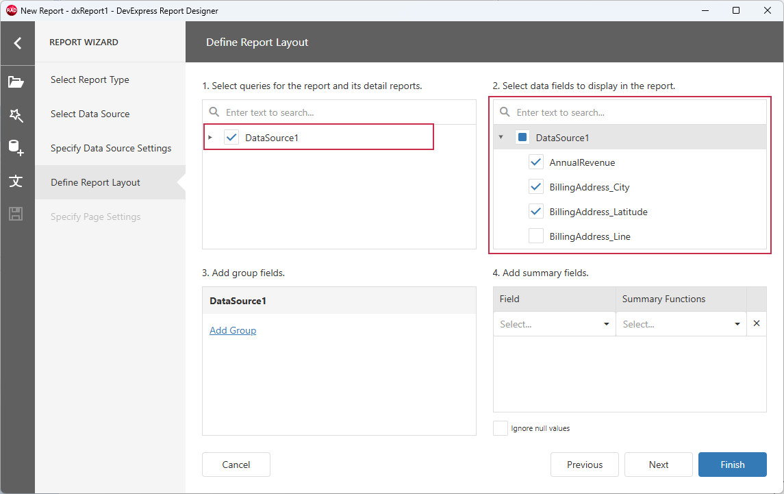 VCL Reports: Report Wizard — Select Required Dataset Fields