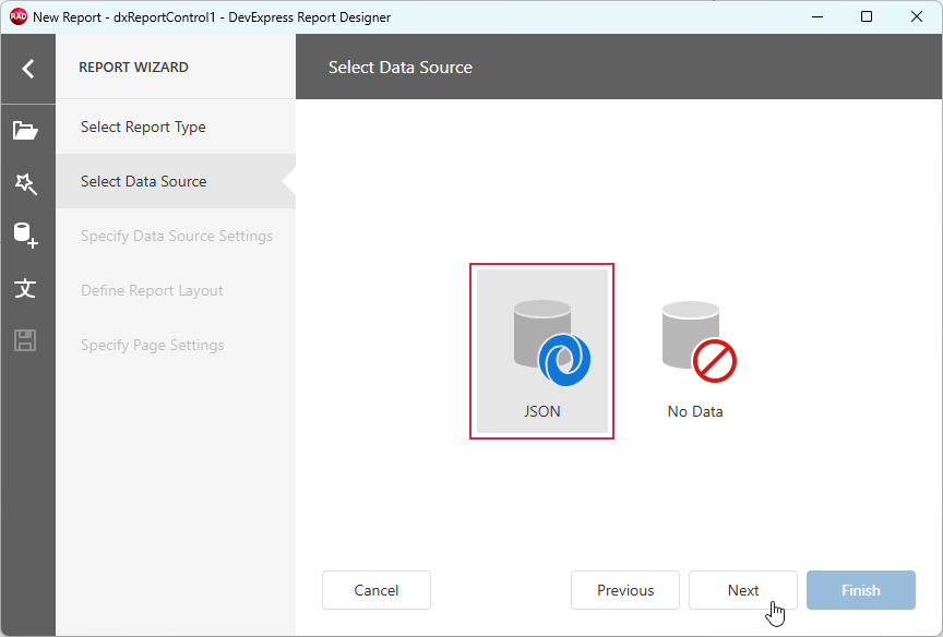 VCL Reports: Report Wizard — Select the "JSON" Data Source
