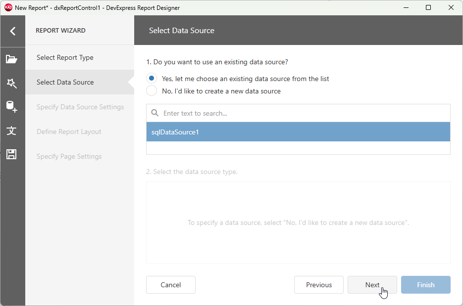 VCL Reports: Report Wizard — Select "sqlDataSource1"